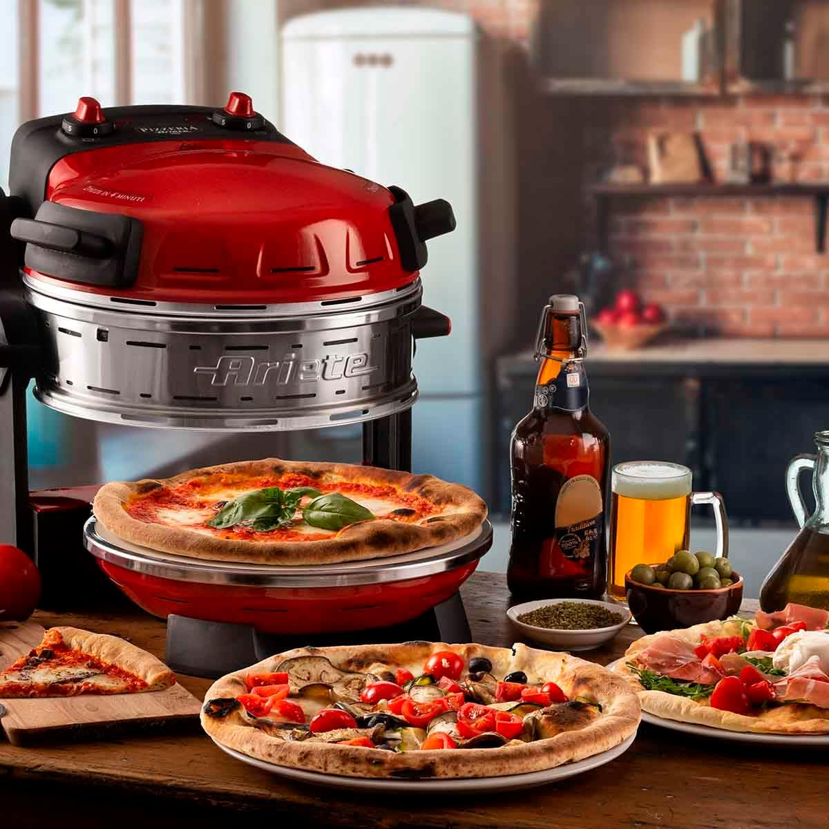 Forno de Pizza Ariete Elétrico Duplo para 2 pizzas em 4 minutos com pedras refratárias antiaderente vermelho